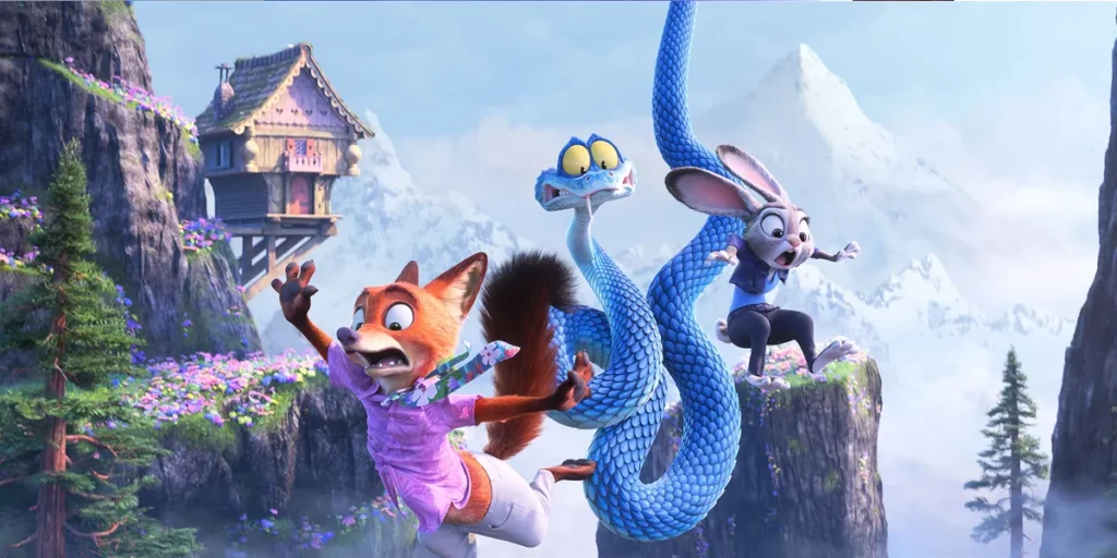 Judy Hopps (voice of Ginnifer Goodwin), Nick Wilde (voice of Jason Bateman) and Gary De’Snake (voice of Ke Huy Quan). are flying in “Zootopia 2”