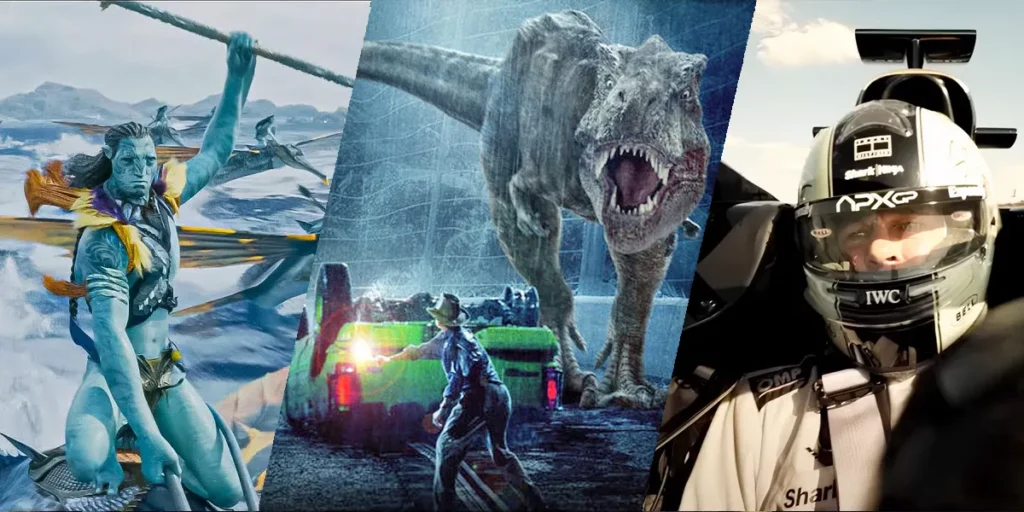 Stills from Avatar, Jurassic Park, and F1: The Movie