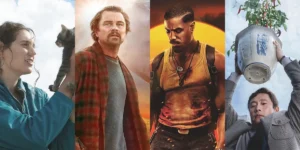 Stills from the movies Sorry Baby, One Battle After Another, Sinners, and No Other Choice