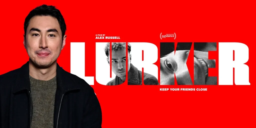 Writer-director, Alex Russell, whom we interview, and the poster for the movie Lurker (2025)