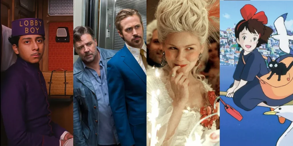 Stills from the Grand Budapest Hotel, The Nice Guys, Marie Antoinette and Kiki's Delivery Service, four of the 10 best movies to watch after a breakup that aren't about breakups, according to Loud And Clear Reviews