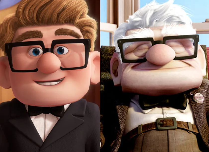 Young and old Carl Fredricksen in Pixar's Up