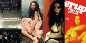 Three photos from upcoming movies and one from Coachella that demonstrate Charli XCX's film industry takeover in 2026