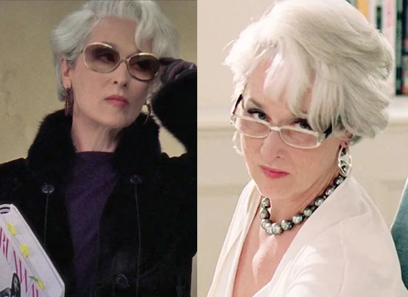 Meryl Streep wears two pairs of glasses as Miranda Priestley in The Devil Wears Prada
