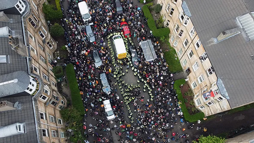 An aerial view of Kenmure St on May 13, 2021 in a still from Everybody To Kenmure Street by Felipe Bustos Sierra, an official selection of the 2026 Sundance Film Festival.
