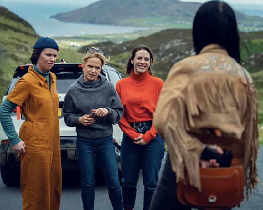 Caoilfhionn Dunne as Dara, Sinéad Keenan as Robyn, Roisin Gallagher as Saoirse and Bronagh Gallagher as Brooker in How to Get to Heaven from Belfast