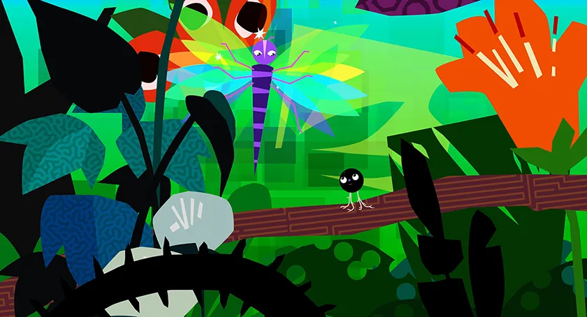 A papaya seed interacts with a dragonfly in a still from Papaya