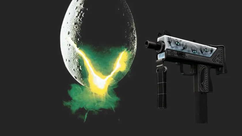 The MAC-10 | Ensnared CS2 skin on the on a still from the movie Alien (1979)