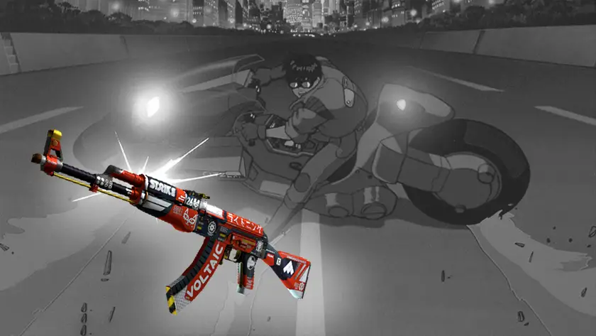 The AK-47 | Bloodsport CS2 skin on the on a still from the anime Akira