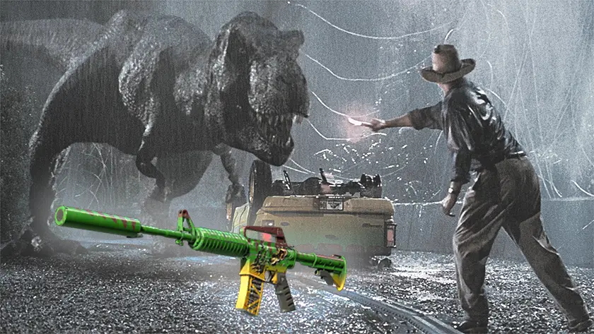 The M4A1-S Emphorosaur-S CS2 skin on the on a still from the movie Jurassic Park