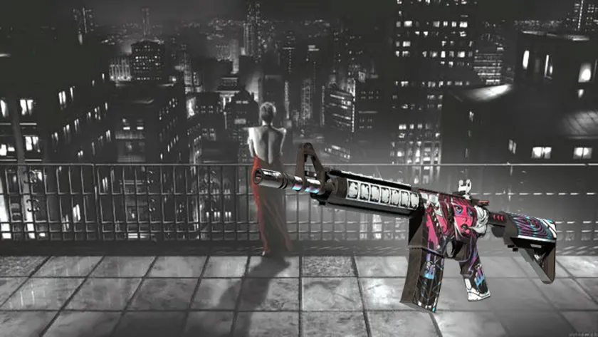 The M4A4 | Neo-Noir skin on the on a still from the movie Sin City
