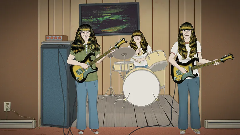 An animation of The Shaggs performing in a scene from the documentary We Are the Shaggs