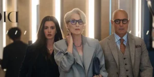 Anne Hathaway as Andy Sachs, Meryl Streep as Miranda Priestly and Stanley Tucci as Nigel Kipling in The Devil Wears Prada 2