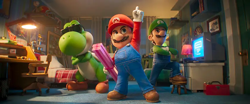 L to R: Yoshi (Donald Glover), Mario (Chris Pratt) and Luigi (Charlie Day) in Nintendo and Illumination’s The Super Mario Galaxy Movie