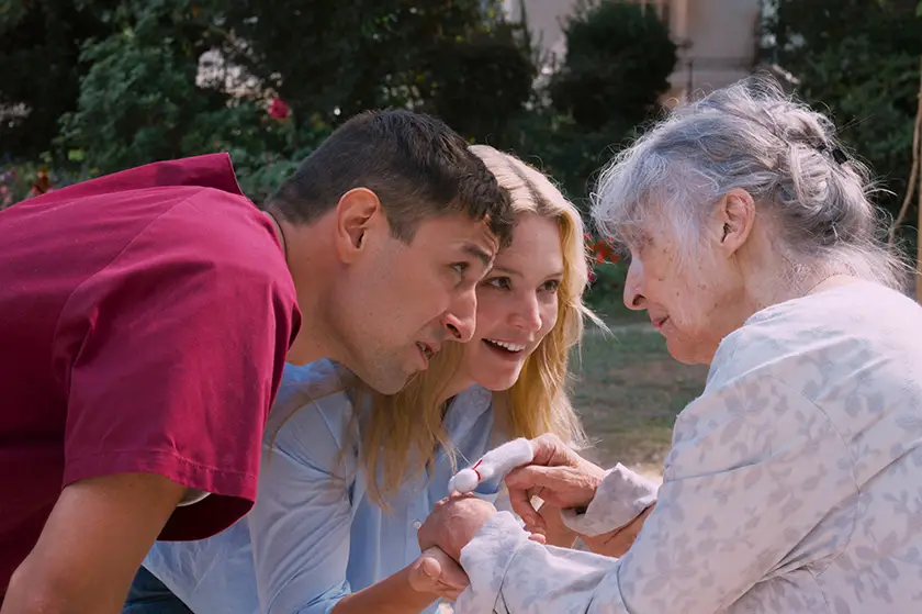 Gabriel Dahmani, Virginie Efira and Evelyne Istria in All of a Sudden (Soudain)