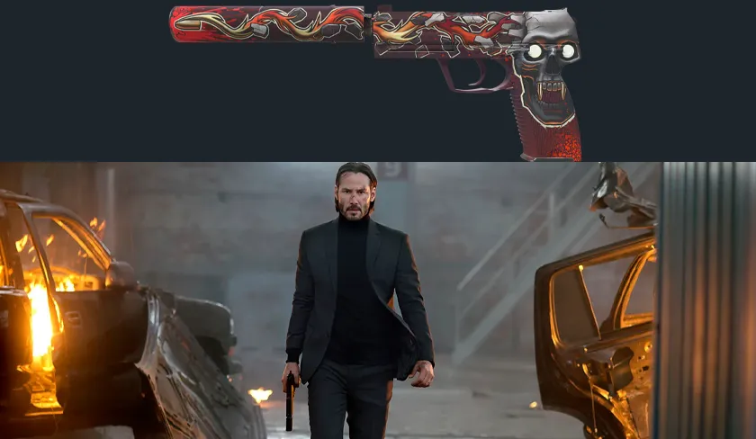 The USP-S | Kill Confirmed CS2 skin and a still from the movie John Wick
