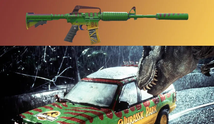 The M4A1-S Emphorosaur-S CS2 skin and a still from the movie Jurassic Park