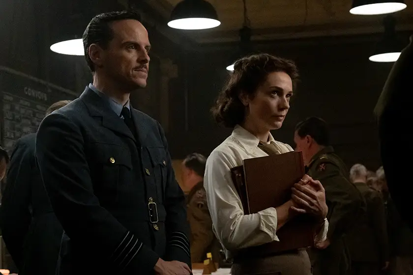 L to R) Andrew Scott as "Captain James Stagg" and Kerry Condon as "Captain Kay Summersby" in the movie Pressure