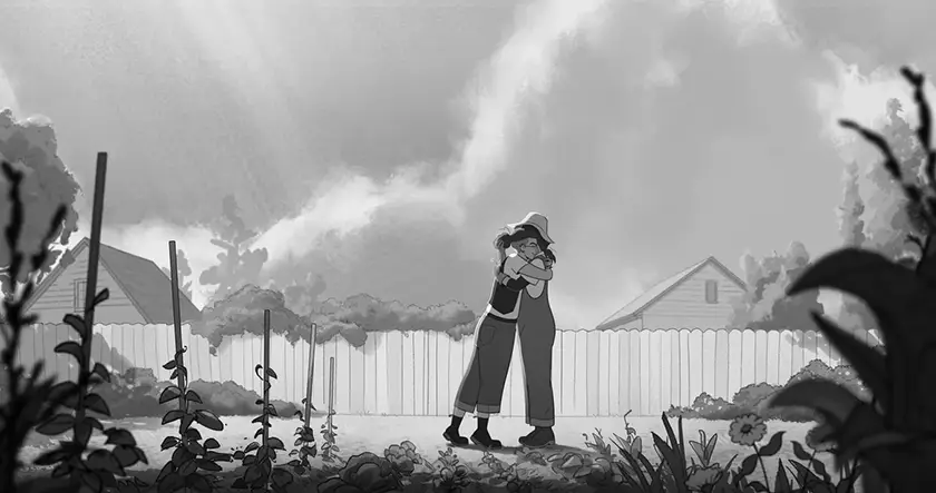 two people hugh in a black and white animated still from the movie Tangles