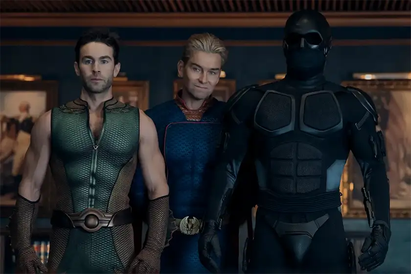 Chace Crawford (The Deep), Antony Starr (Homelander) and Nathan Mitchell (Black Noir) in The Boys Season 5