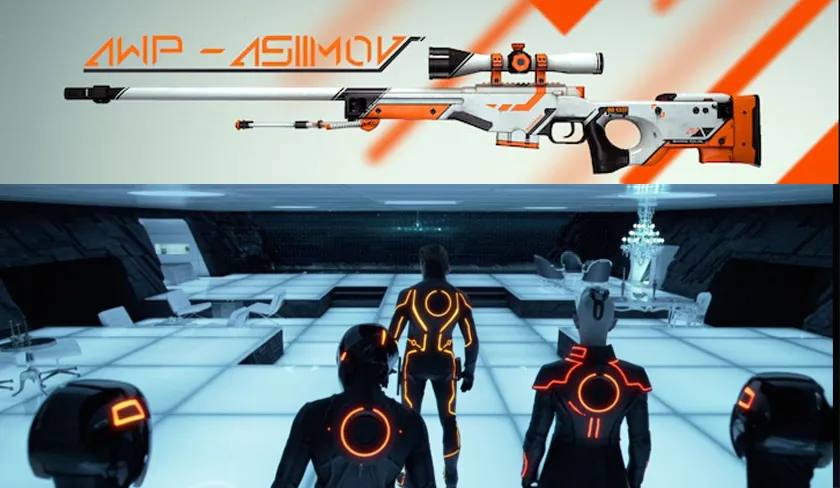 The AWP | Asiimov CS2 skin and a still from the movie Tron: Legacy