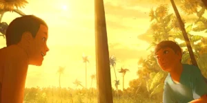 Two boys look at each other smiling, with palm trees and a yellow sky behind them, in an animated still from the Cannes 2026 movie We Are Aliens 『我々は宇宙人』