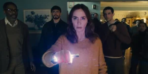 Colman Domingo is Hugo Wakefield, Tommy Martinez is Santiago, Emily Blunt is Margaret Fairchild, and Josh O'Connor is Dr. Daniel Kellner in Disclosure Day