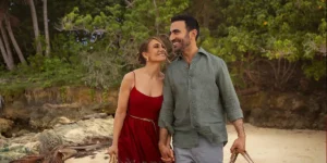 (L-R) Jennifer Lopez as Jackie Cruz and Brett Goldstein as Daniel Blanchflower in Office Romance