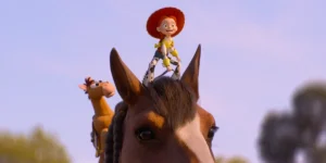 (L-R): Bullseye and Jessie ride a horse in Disney and Pixar's Toy Story 5.