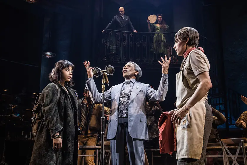 Eva Noblezada, André De Shields and Reeve Carney, who all star in Hadestown: The Musical, in “Hadestown” on Broadway