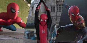 Stills from Spider-Man Homecoming, Far From Home, and No Way Home, the movies in the MCU's Spider-Man trilogy discussed in this retrospective
