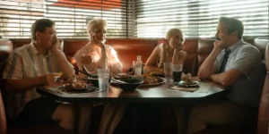Jeremy Swift, Hannah Waddingham, Juno Temple and Jason Sudeikis sit together at a restaurant in Kansas City looking happy in the "Ted Lasso" Season 4 Premiere (Episode 1), titled "Home", now streaming on Apple TV