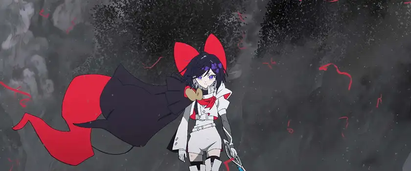 A woman with purple eyes and a ribbon stands against a grey background in an animated still from the Netflix anime film The Ribbon Hero