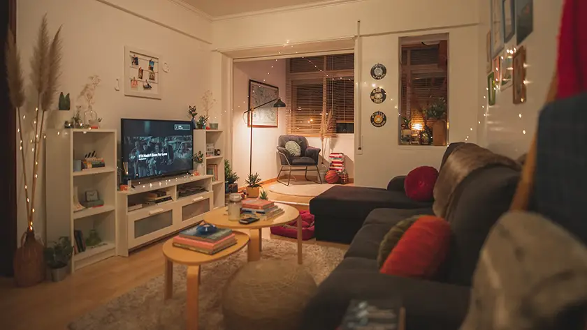 Cozy, ambient lit living room