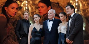 Kate and Rooney Mara in a still from Bucking Fastard, with a still of the director and cast (Kate and Rooney Mara, Domhnall Gleeson, Orlando Bloom and Werner Herzog, whom we interview) at the Venice red carpet on top