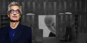 A still of Wim Wenders and a black and white still of architect Pether Zumthor looking into a house, in a still from the movie From Inside Out - The Architecture of Peter Zumthor