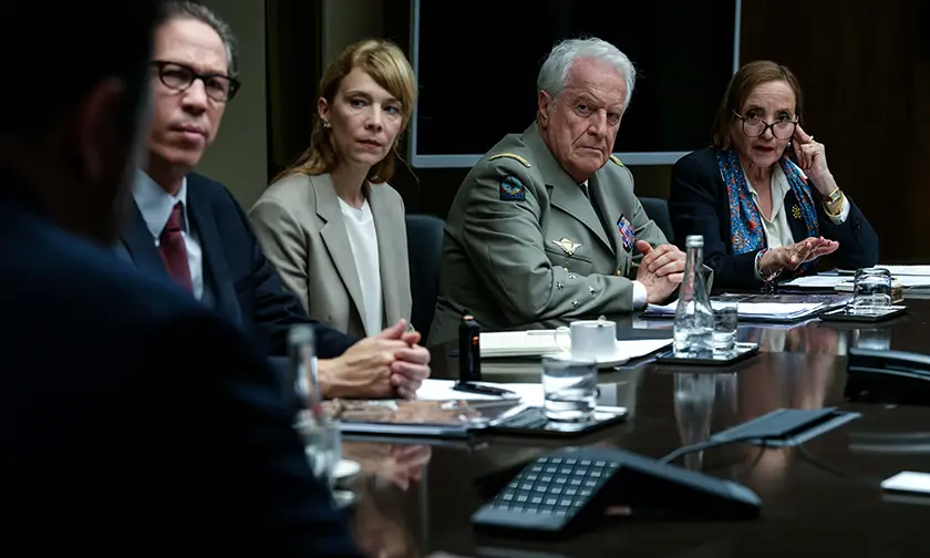 Denis Ménochet and Reda Kateb, whom we interview, with Céline Sallette, André Dussollier and Dominique Blanc in a still from Alexandre Smia's Jupiter