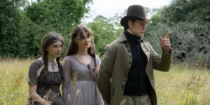 Bodhi Rae Breathnach stars as Margaret Dashwood, Daisy Edgar-Jones as Elinor Dashwood and George MacKay as Edward Ferrars are having a stroll outside in SENSE and SENSIBILITY (2026)